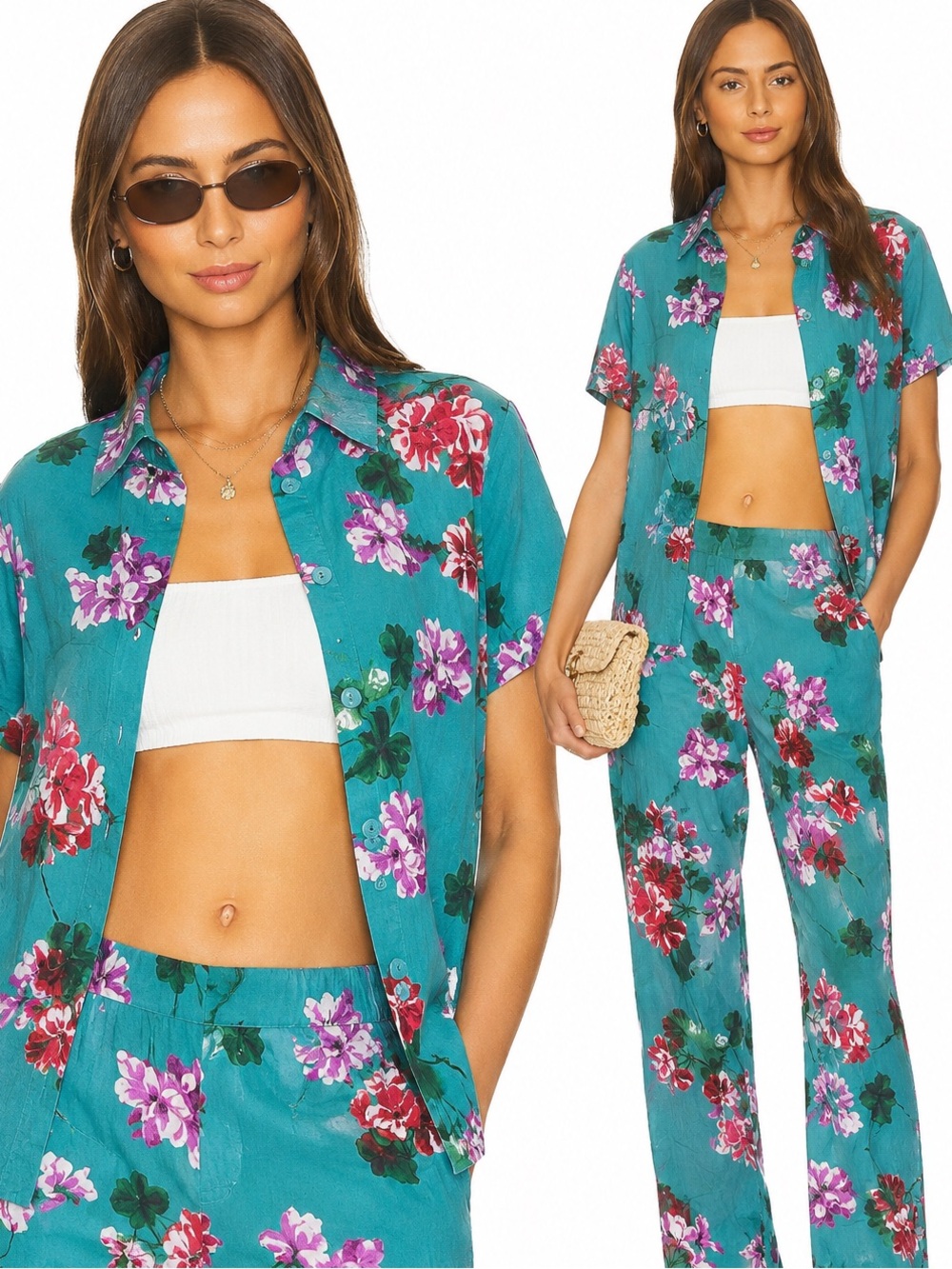 Twinset Milano Floral Viscose Matching Set Turquoise Pink Co-Ord Made in Italy